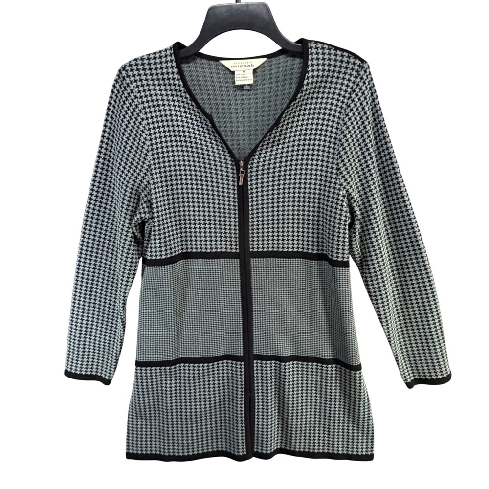 Misook Long Cardigan Sweater Womens M Gray Houndstooth Zip Front Modern Classic